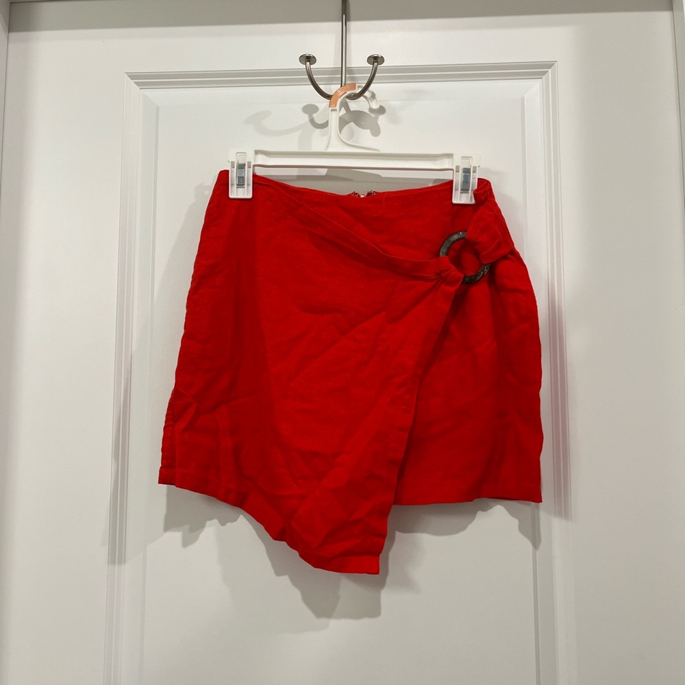 Firecracker Red Asymmetrical Skirt with Wood Detail